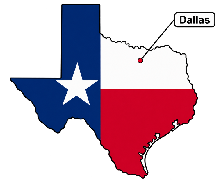 Map of Texas with the Texas flag and Dallas marked