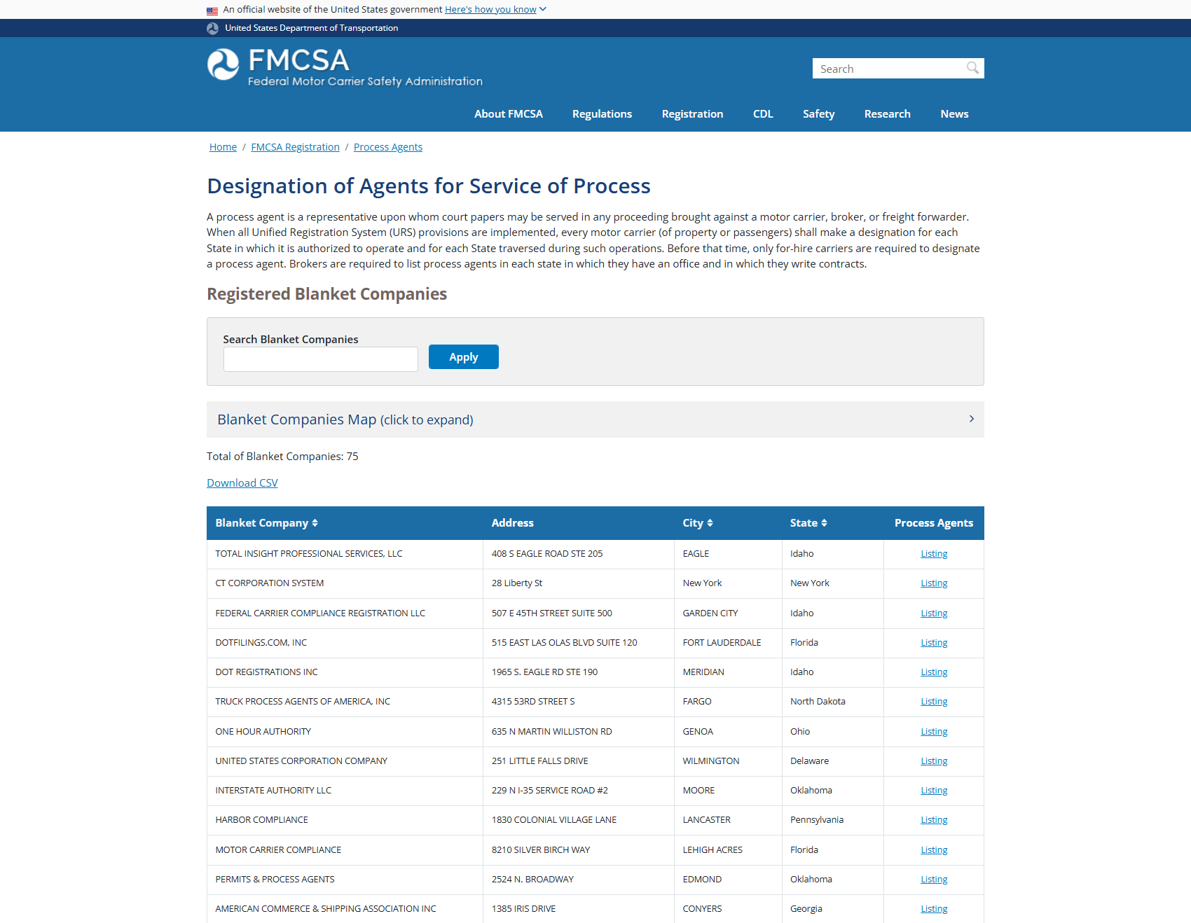 Screenshot of the FMCSA Designation of Agents for Service of Process page, showing a searchable table of registered blanket process agent companies with columns for company name, address, city and state, a total of 75 registered blanket companies, and a Download CSV link.