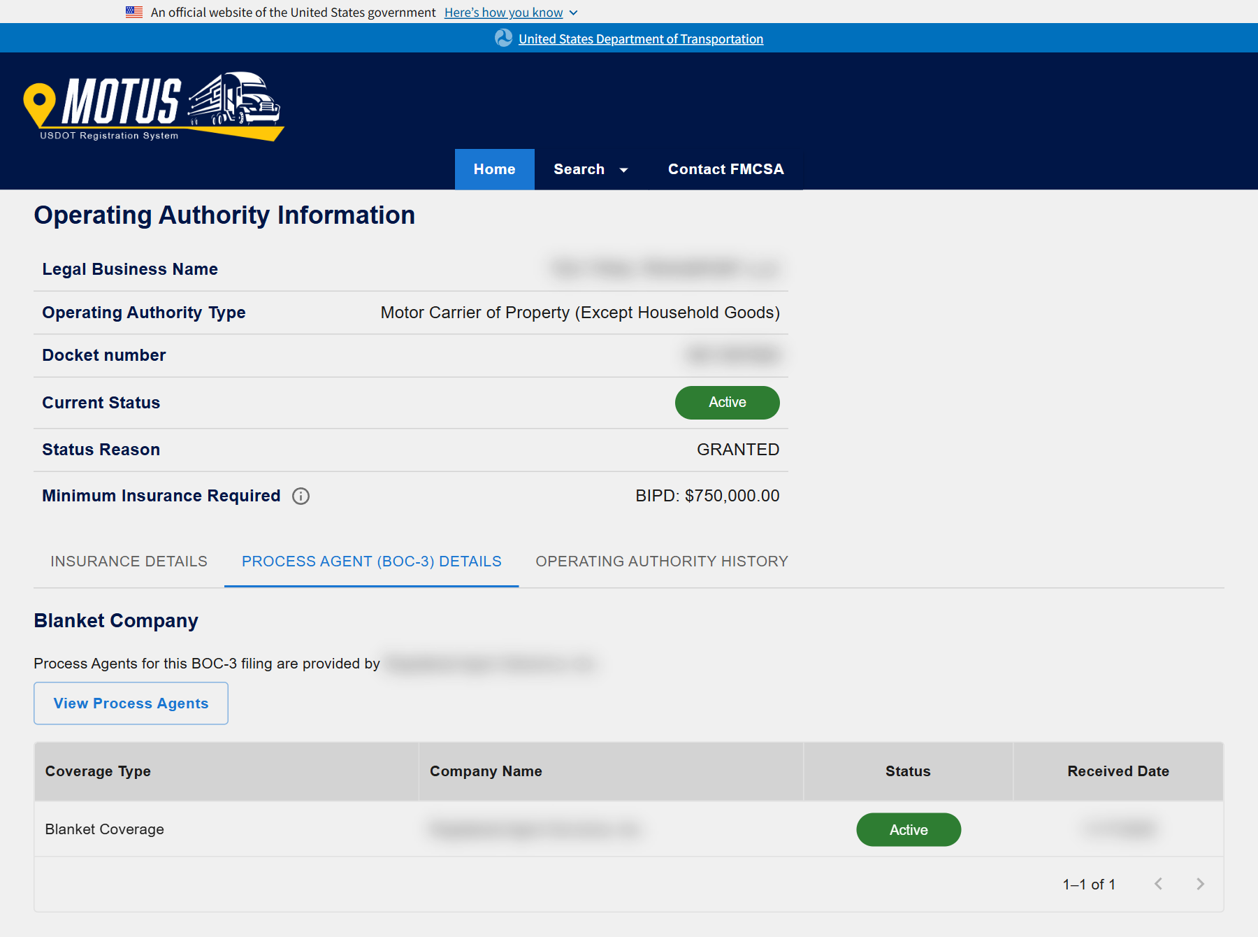 Screenshot of the MOTUS Operating Authority Information page with the Process Agent (BOC-3) Details tab selected. It shows operating authority type Motor Carrier of Property, current status Active, status reason GRANTED, minimum insurance required BIPD $750,000, and a Blanket Company section with one table row reading Blanket Coverage with a status of Active. The carrier name, docket number, process agent company name and received date are blurred out.